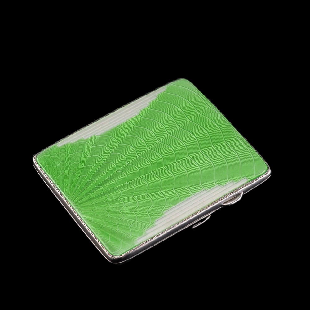 Art Deco Sterling Silver Cigarette Case with Green Enamel Guilloche Sunburst Ray - Joseph Gloster  View XX