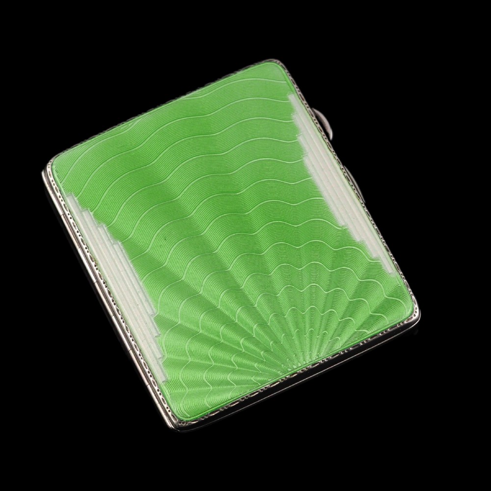 Art Deco Sterling Silver Cigarette Case with Green Enamel Guilloche Sunburst Ray - Joseph Gloster  View XXI