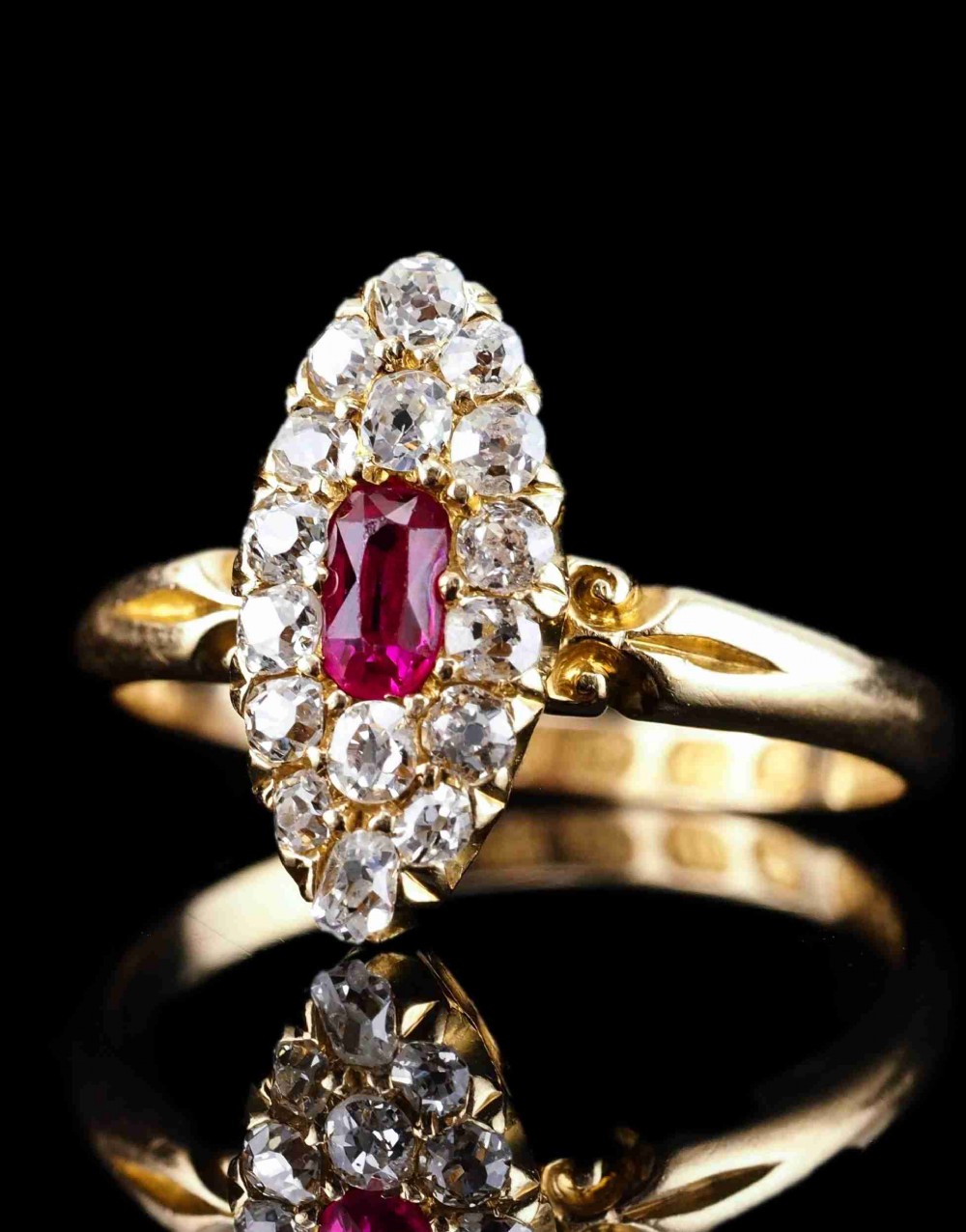 Antique Victorian Ruby & Diamond Ring 18ct Gold Cluster Navette Design - 1886