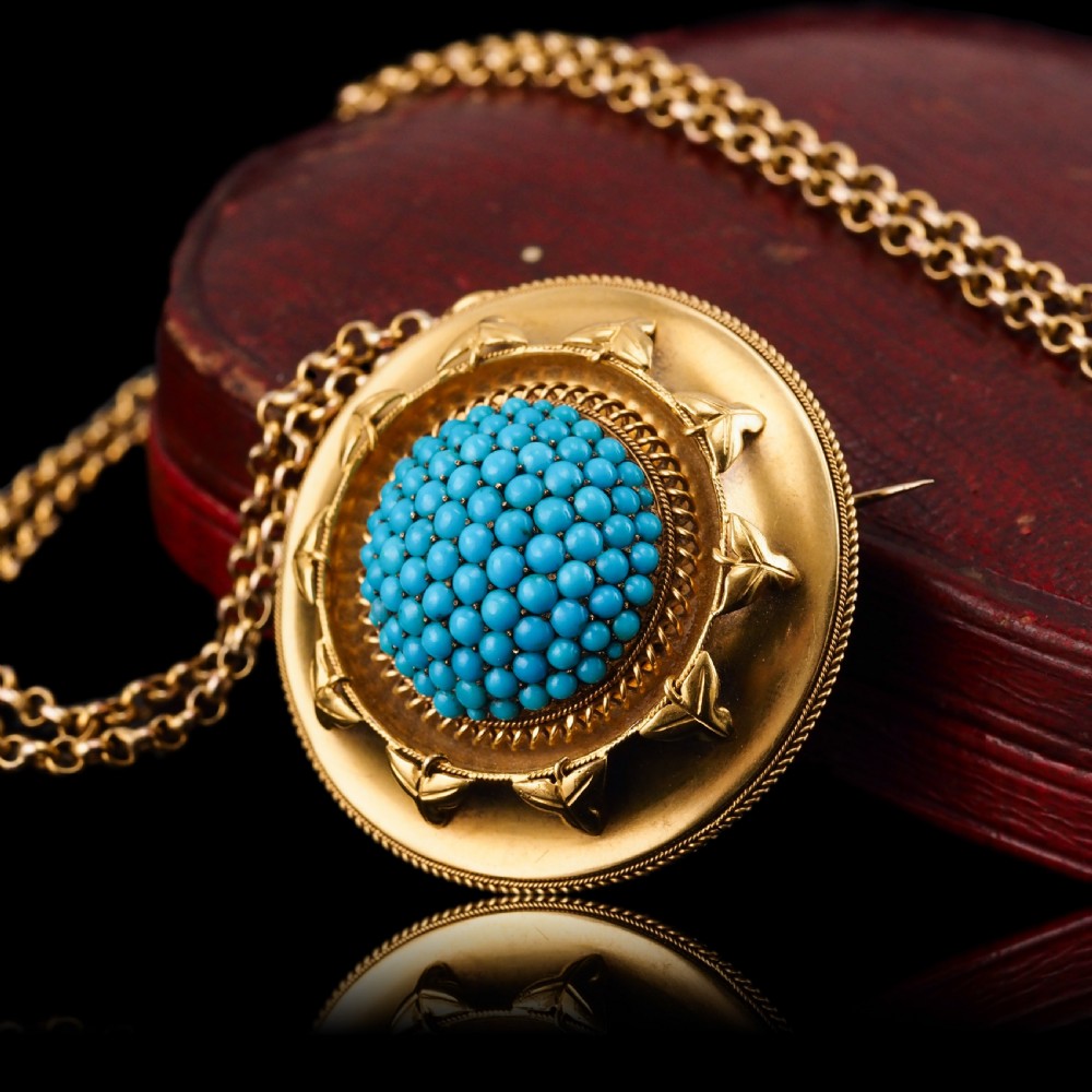 Antique Victorian 18ct Gold Turquoise Pendant Necklace/Brooch Etruscan Revival Design - c.1880 View II