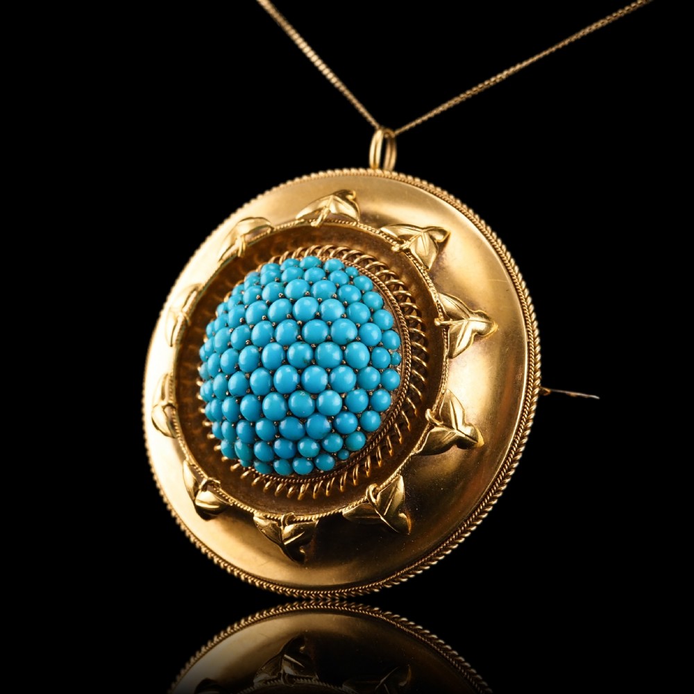 Antique Victorian 18ct Gold Turquoise Pendant Necklace/Brooch Etruscan Revival Design - c.1880 View VIII