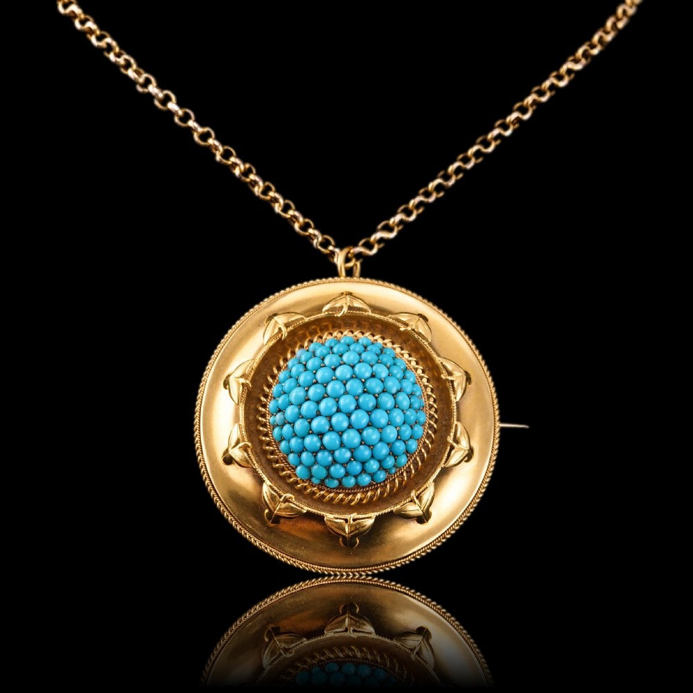 Antique Victorian 18ct Gold Turquoise Pendant Necklace/Brooch Etruscan Revival Design - c.1880 View XVII