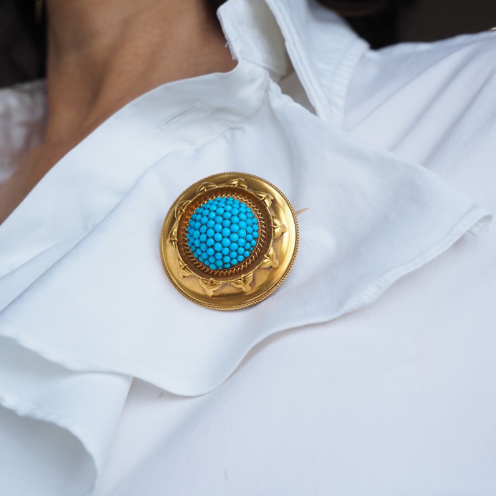 Antique Victorian 18ct Gold Turquoise Pendant Necklace/Brooch Etruscan Revival Design - c.1880 View XX