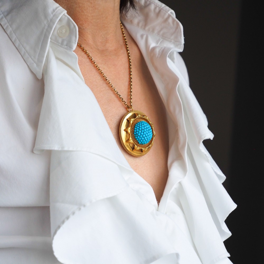 Antique Victorian 18ct Gold Turquoise Pendant Necklace/Brooch Etruscan Revival Design - c.1880 View XXIV