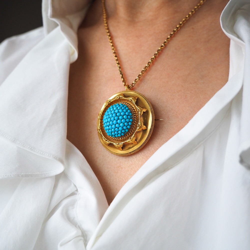 Antique Victorian 18ct Gold Turquoise Pendant Necklace/Brooch Etruscan Revival Design - c.1880 View XXV