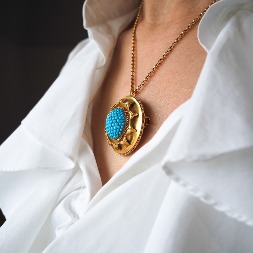 Antique Victorian 18ct Gold Turquoise Pendant Necklace/Brooch Etruscan Revival Design - c.1880 View XXVI