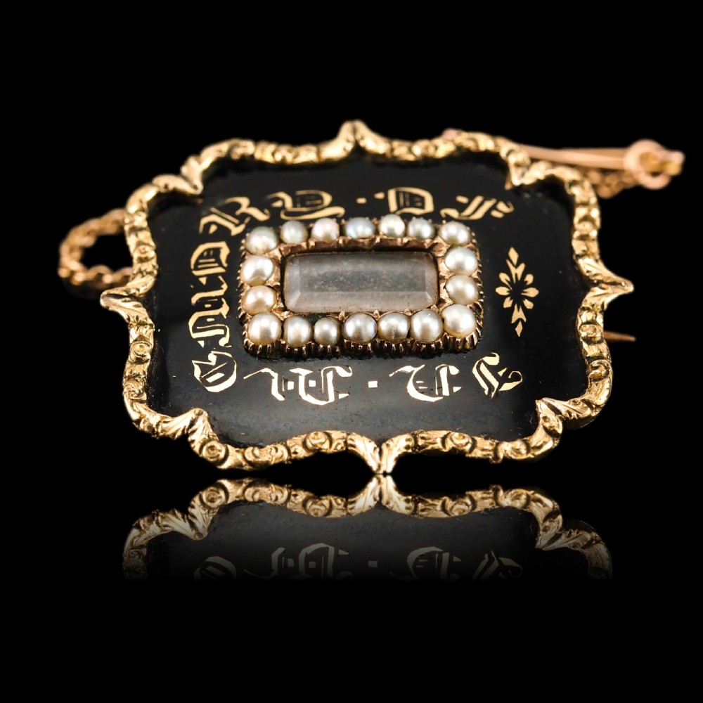 Antique Georgian 14ct Gold Mourning Brooch with Seed Pearls & Black Enamel - c.1800 View XI