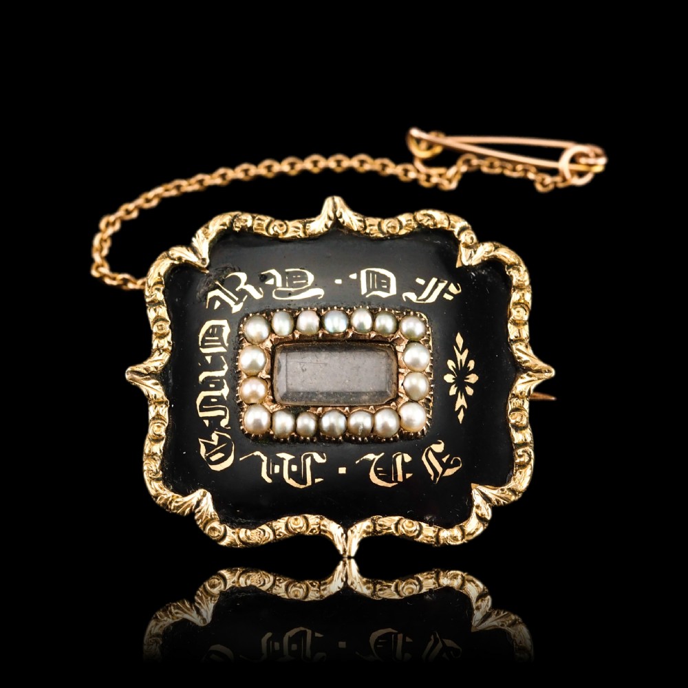 Antique Georgian 14ct Gold Mourning Brooch with Seed Pearls & Black Enamel - c.1800 View XIV