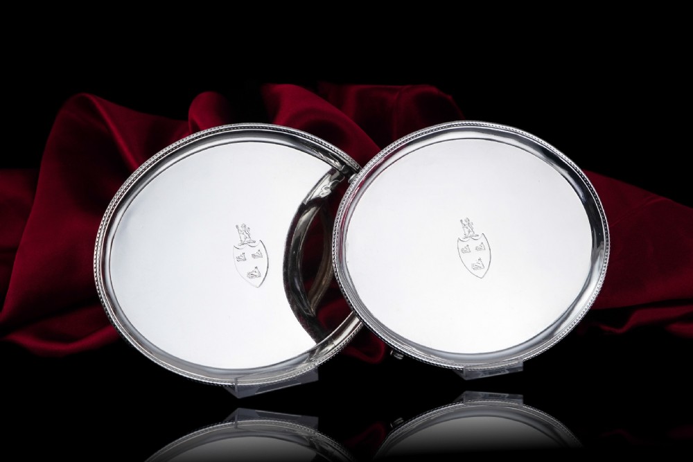 Antique Georgian Solid Sterling Silver Salver Pair in Neoclassical Design - London 1781 View II