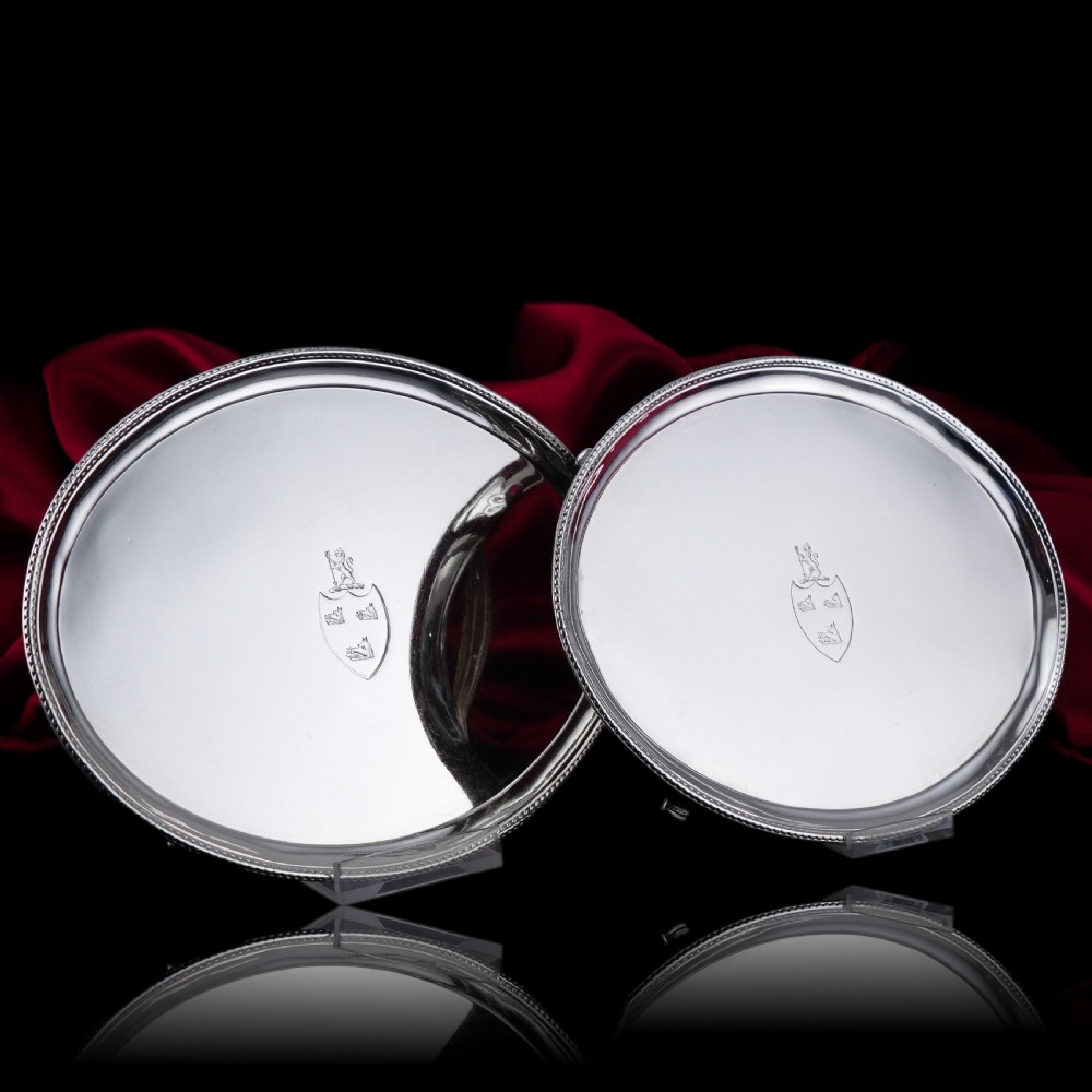 Antique Georgian Solid Sterling Silver Salver Pair in Neoclassical Design - London 1781 View III