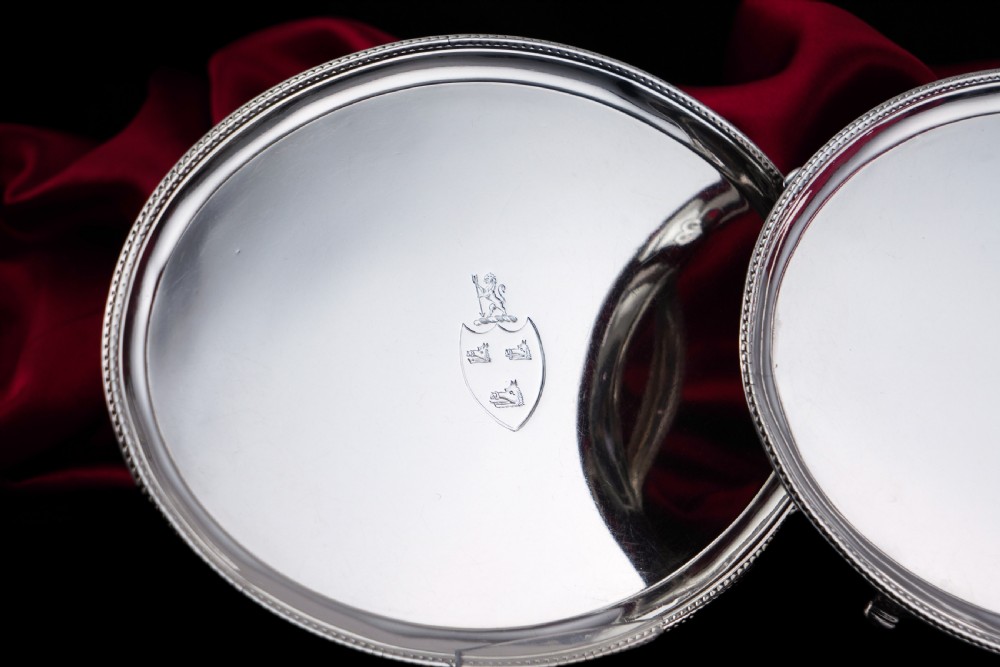Antique Georgian Solid Sterling Silver Salver Pair in Neoclassical Design - London 1781 View IV