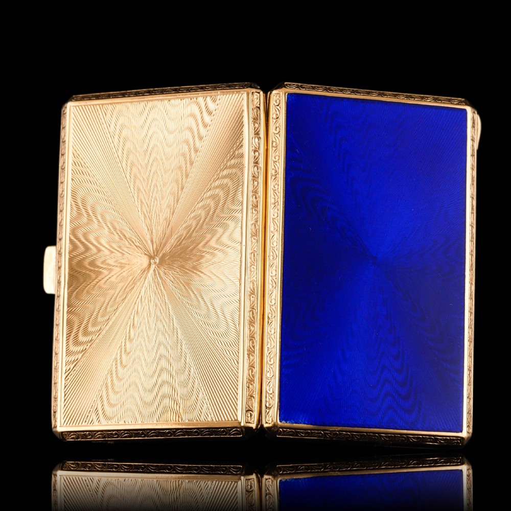 Antique Sterling Silver Cigarette Case with Silver Gilt Blue Guilloche Enamel