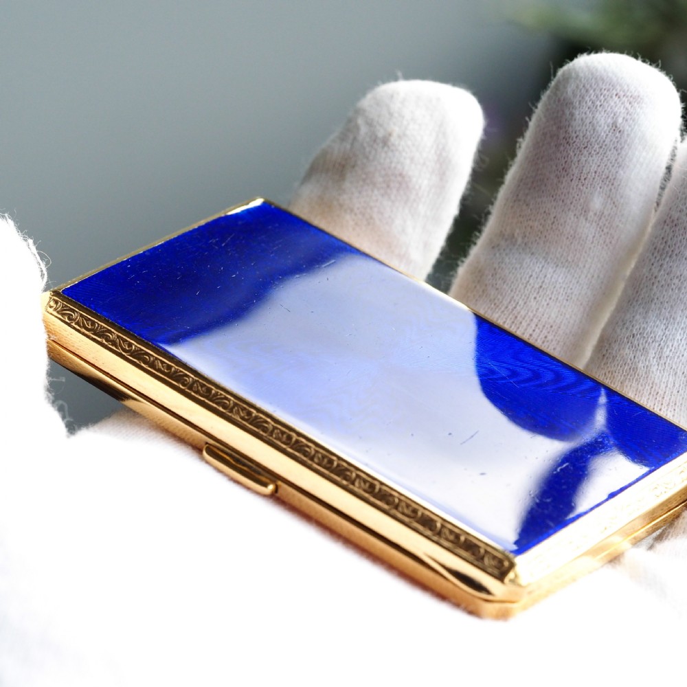 Antique Sterling Silver Cigarette Case with Silver Gilt Blue Guilloche Enamel View III