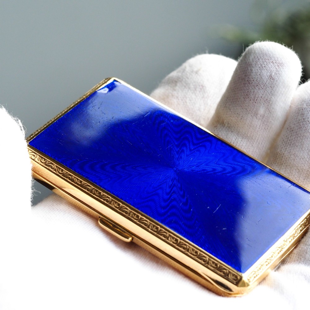 Antique Sterling Silver Cigarette Case with Silver Gilt Blue Guilloche Enamel View IV