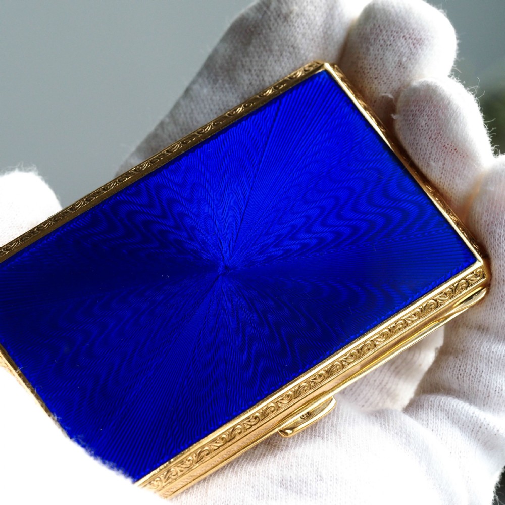 Antique Sterling Silver Cigarette Case with Silver Gilt Blue Guilloche Enamel View V