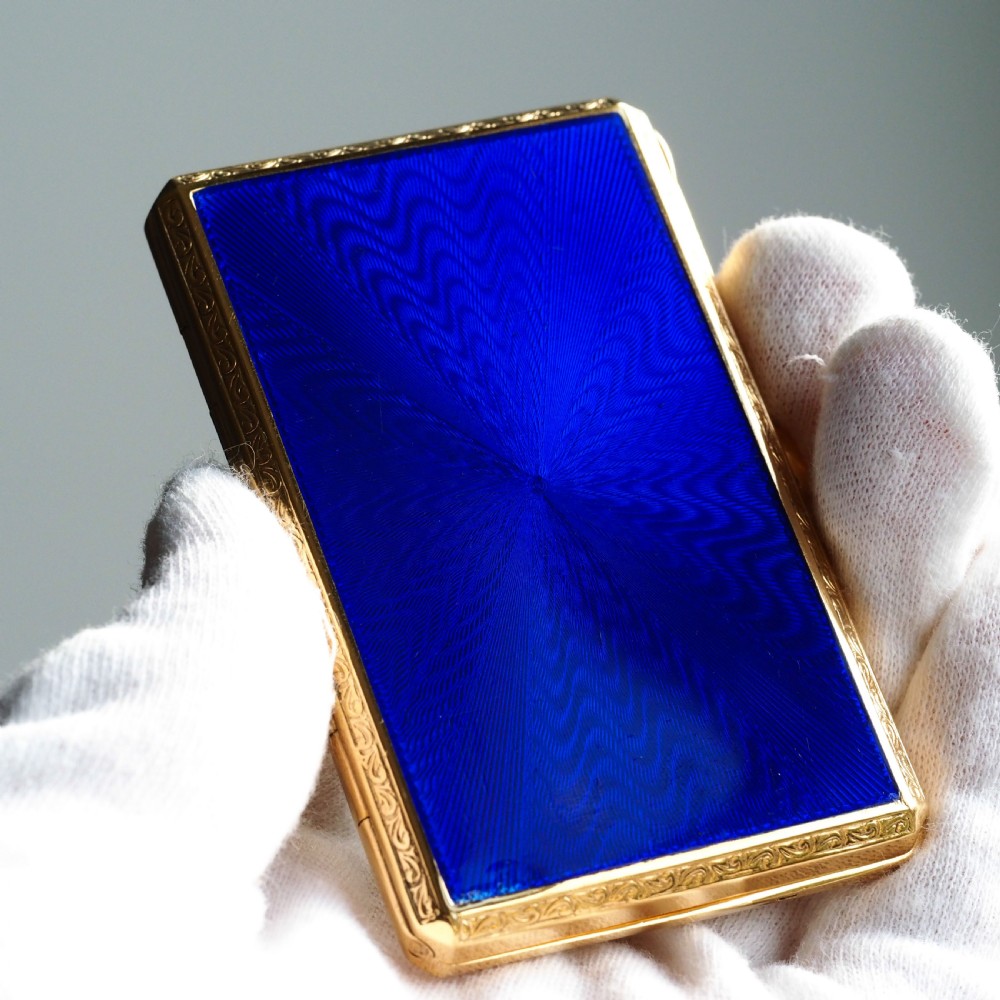 Antique Sterling Silver Cigarette Case with Silver Gilt Blue Guilloche Enamel View VI