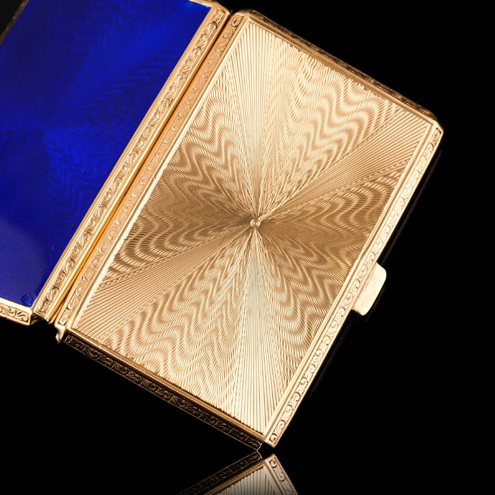 Antique Sterling Silver Cigarette Case with Silver Gilt Blue Guilloche Enamel View XVII