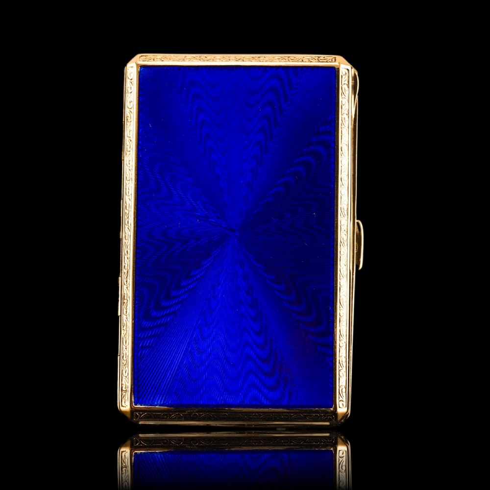 Antique Sterling Silver Cigarette Case with Silver Gilt Blue Guilloche Enamel View XXII