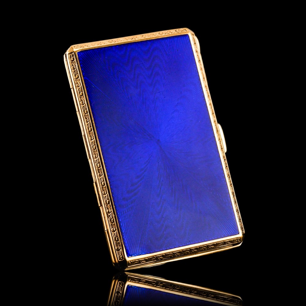 Antique Sterling Silver Cigarette Case with Silver Gilt Blue Guilloche Enamel View XXIII