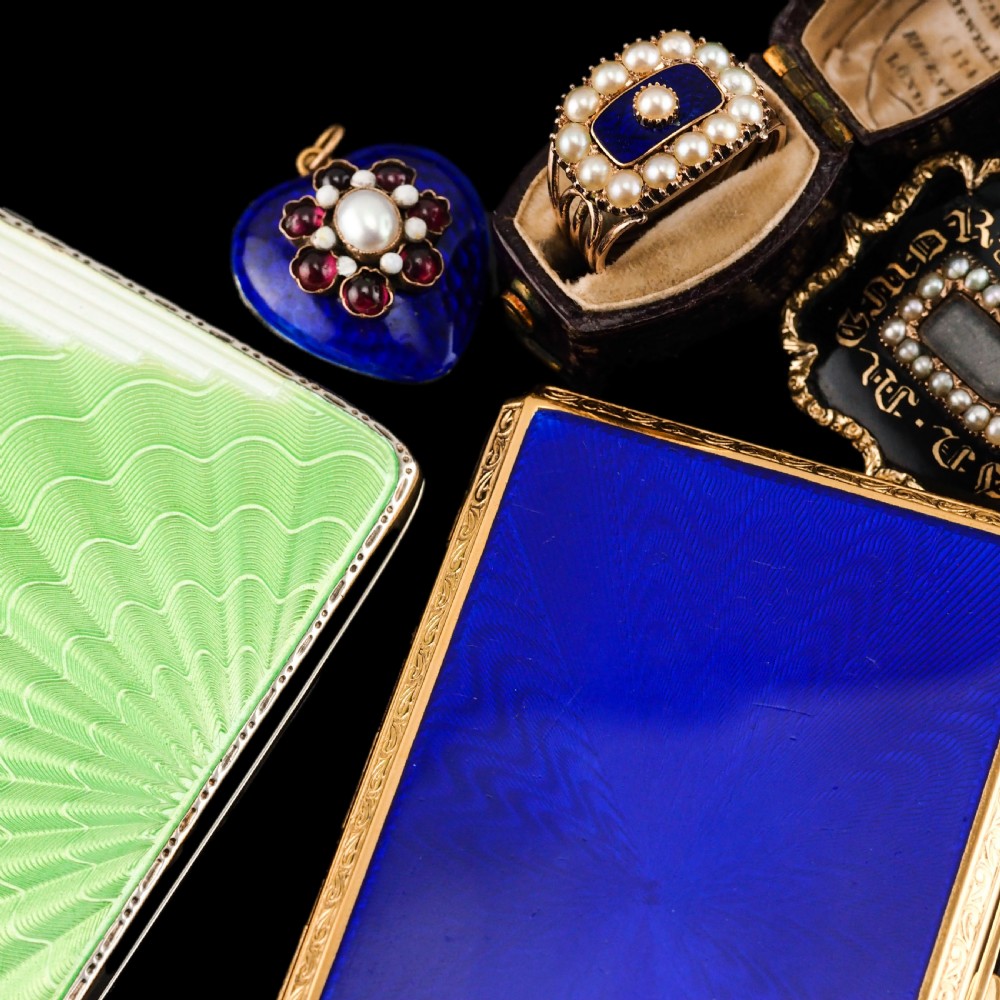 Antique Sterling Silver Cigarette Case with Silver Gilt Blue Guilloche Enamel View XXV