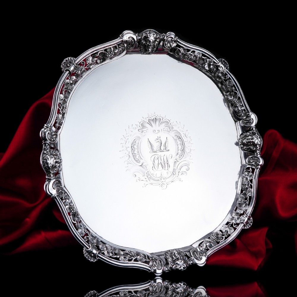 A Magnificent Antique Georgian Solid Silver Salver with Rococo Vine and Figural Mask Decorations - London 1742