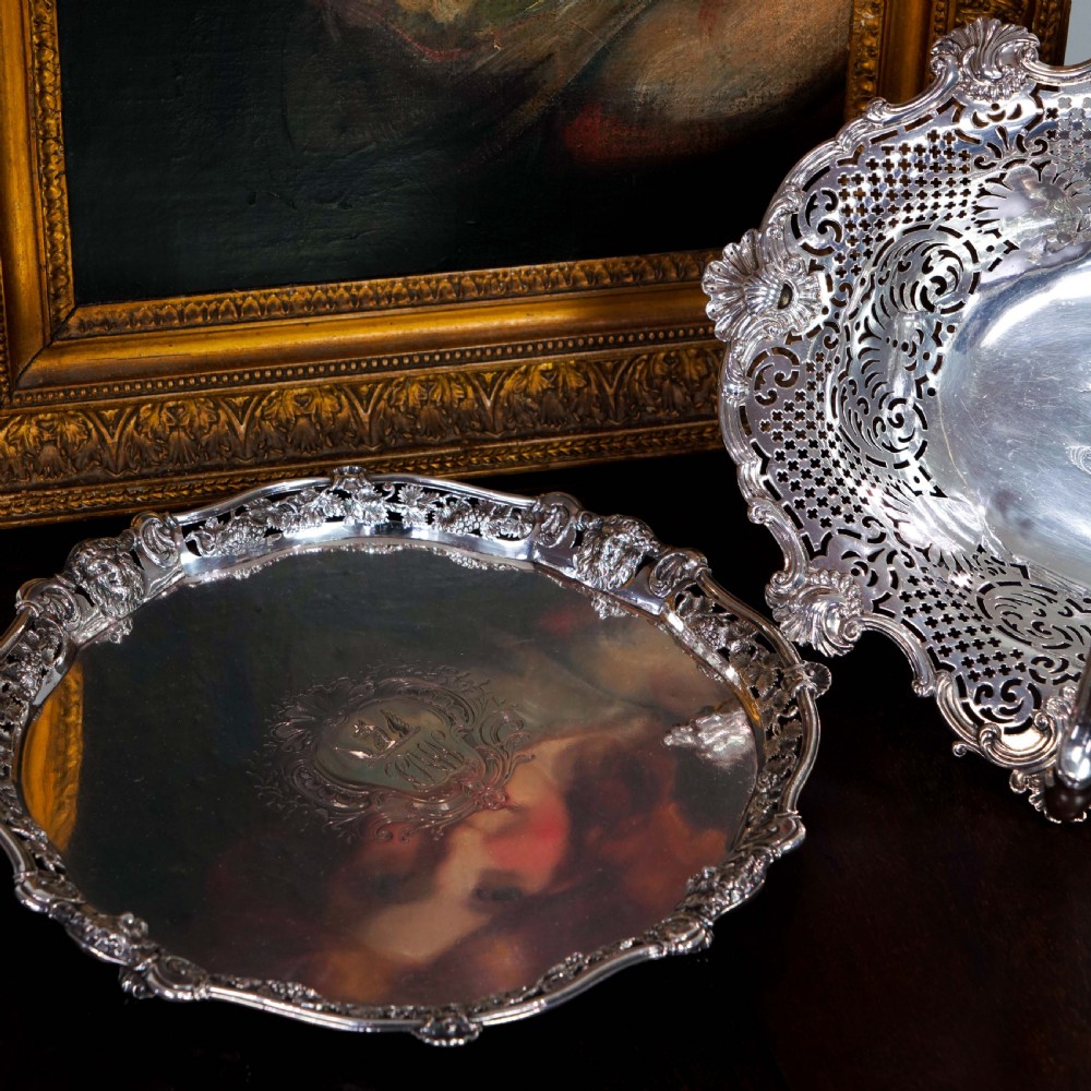 A Magnificent Antique Georgian Solid Silver Salver with Rococo Vine and Figural Mask Decorations - London 1742 View II