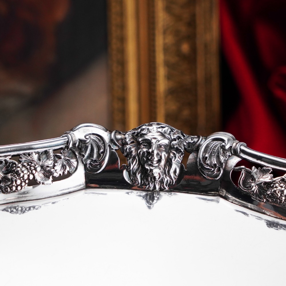 A Magnificent Antique Georgian Solid Silver Salver with Rococo Vine and Figural Mask Decorations - London 1742 View IV
