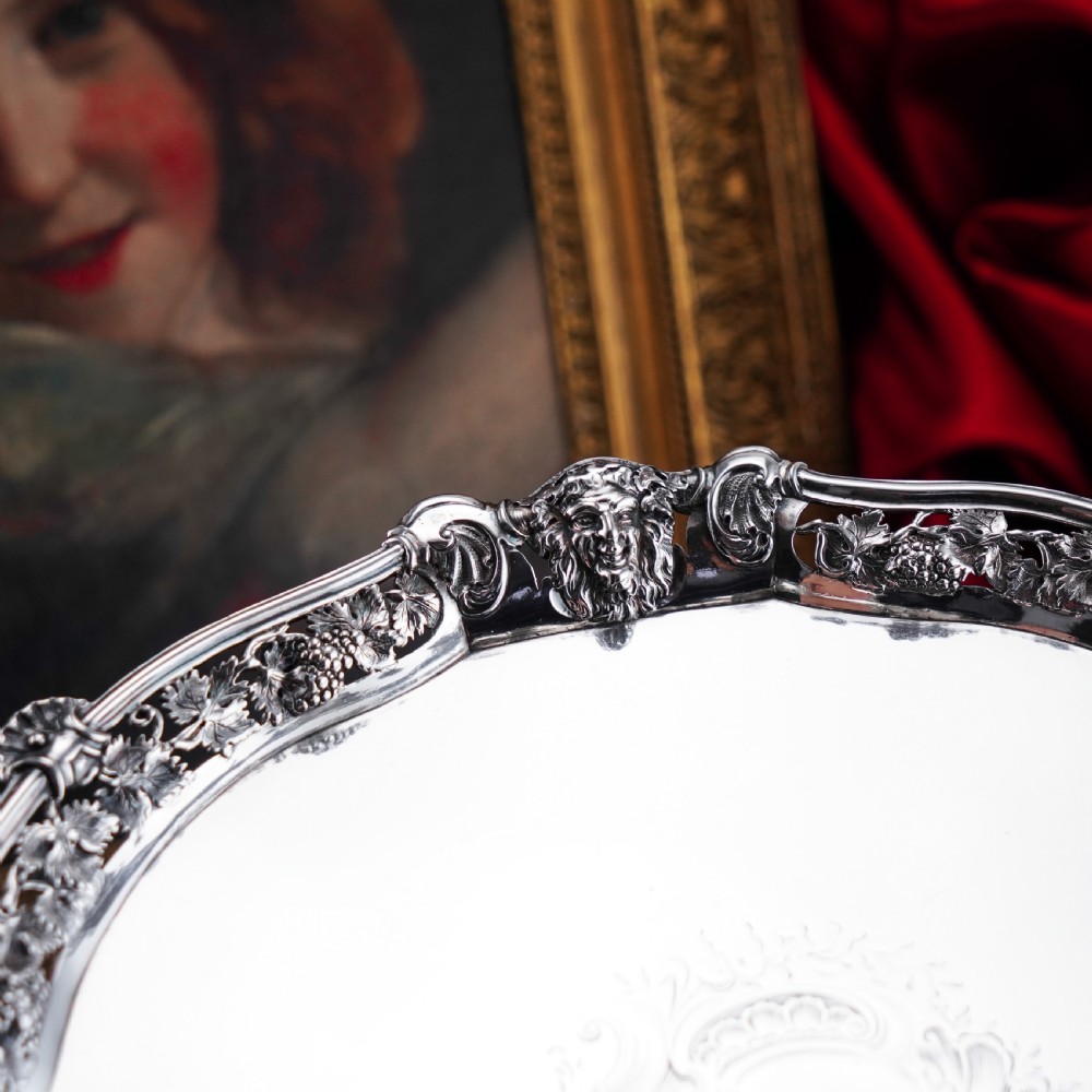 A Magnificent Antique Georgian Solid Silver Salver with Rococo Vine and Figural Mask Decorations - London 1742 View V