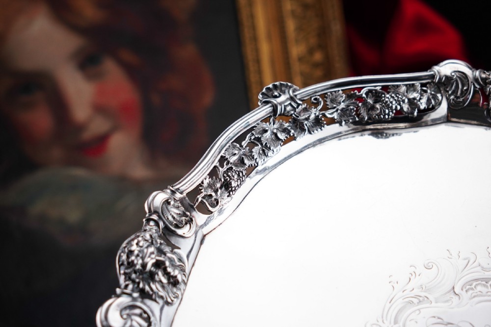 A Magnificent Antique Georgian Solid Silver Salver with Rococo Vine and Figural Mask Decorations - London 1742 View VI