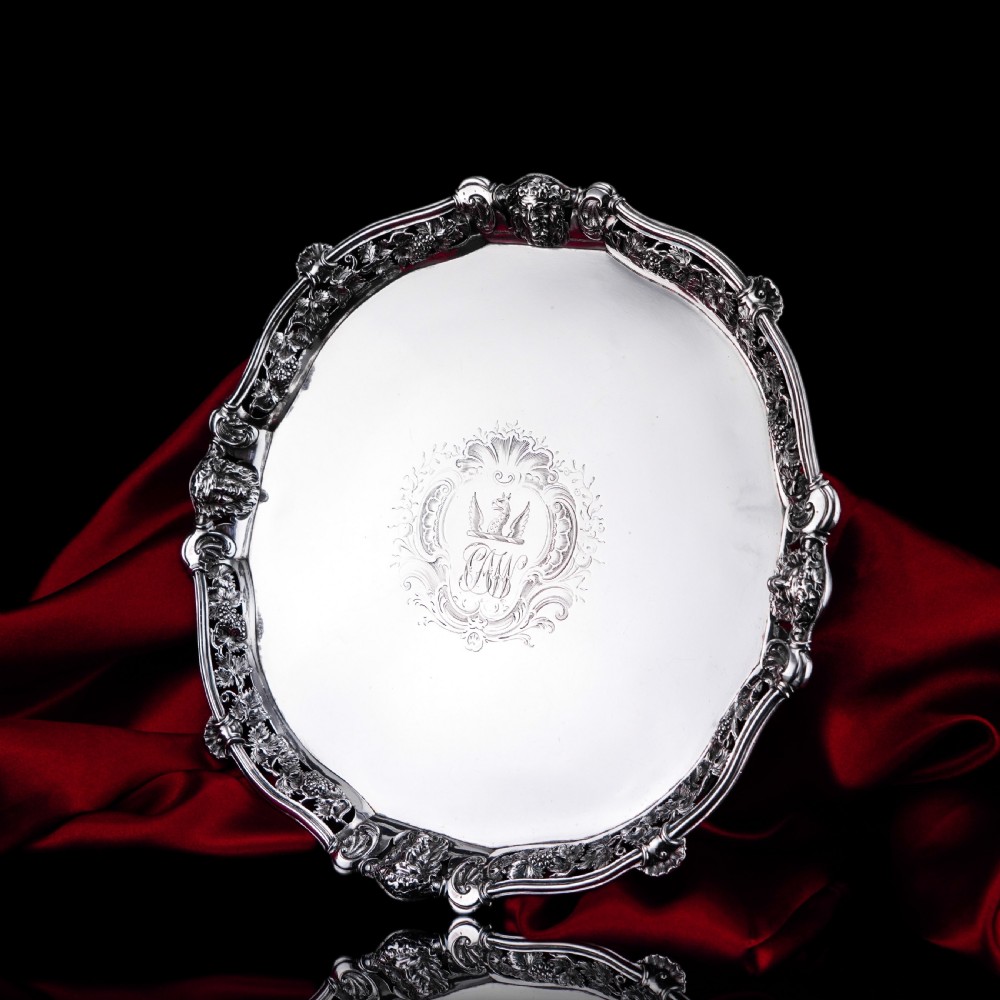 A Magnificent Antique Georgian Solid Silver Salver with Rococo Vine and Figural Mask Decorations - London 1742 View IX