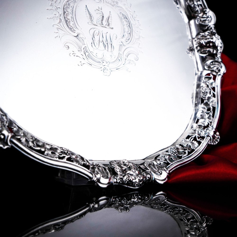 A Magnificent Antique Georgian Solid Silver Salver with Rococo Vine and Figural Mask Decorations - London 1742 View X