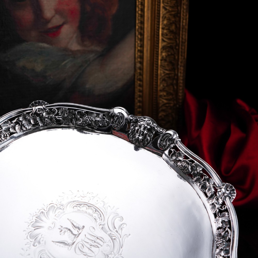 A Magnificent Antique Georgian Solid Silver Salver with Rococo Vine and Figural Mask Decorations - London 1742 View XX
