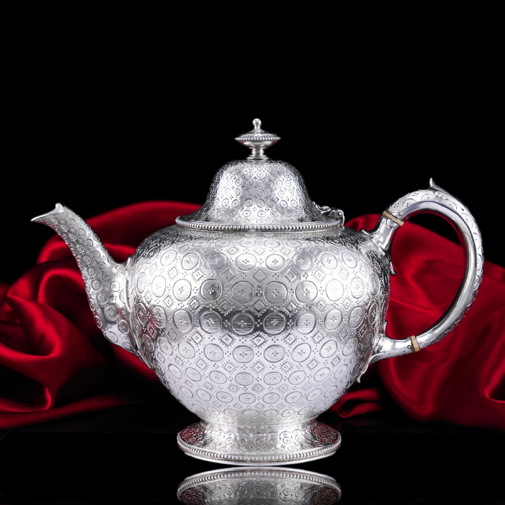 Antique Victorian Solid Silver Teapot with Rare Dotted Pattern - Barnards 1863