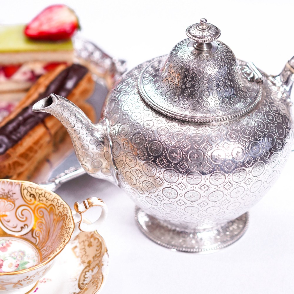 Antique Victorian Solid Silver Teapot with Rare Dotted Pattern - Barnards 1863 View III