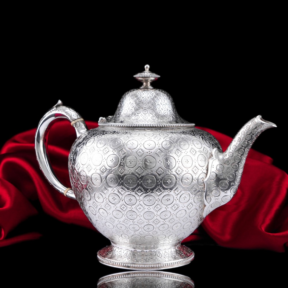 Antique Victorian Solid Silver Teapot with Rare Dotted Pattern - Barnards 1863 View XIV