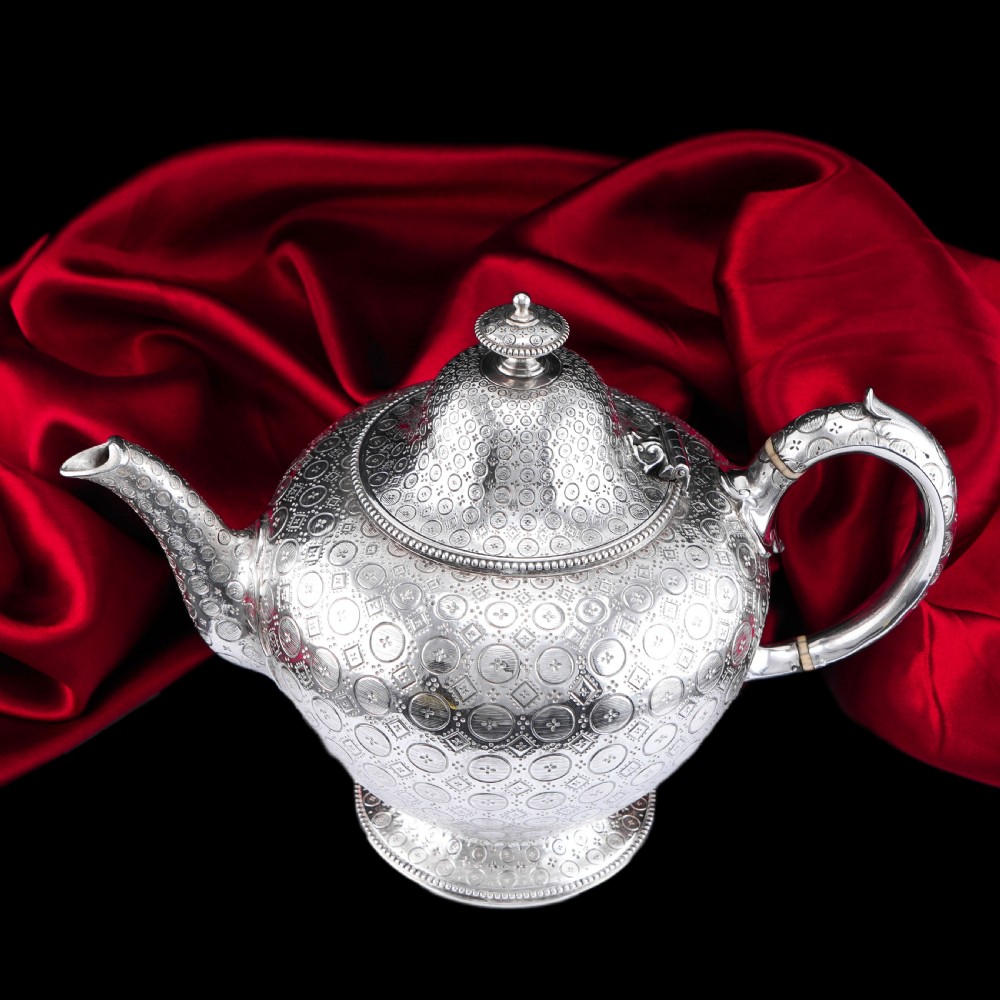 Antique Victorian Solid Silver Teapot with Rare Dotted Pattern - Barnards 1863 View XIX
