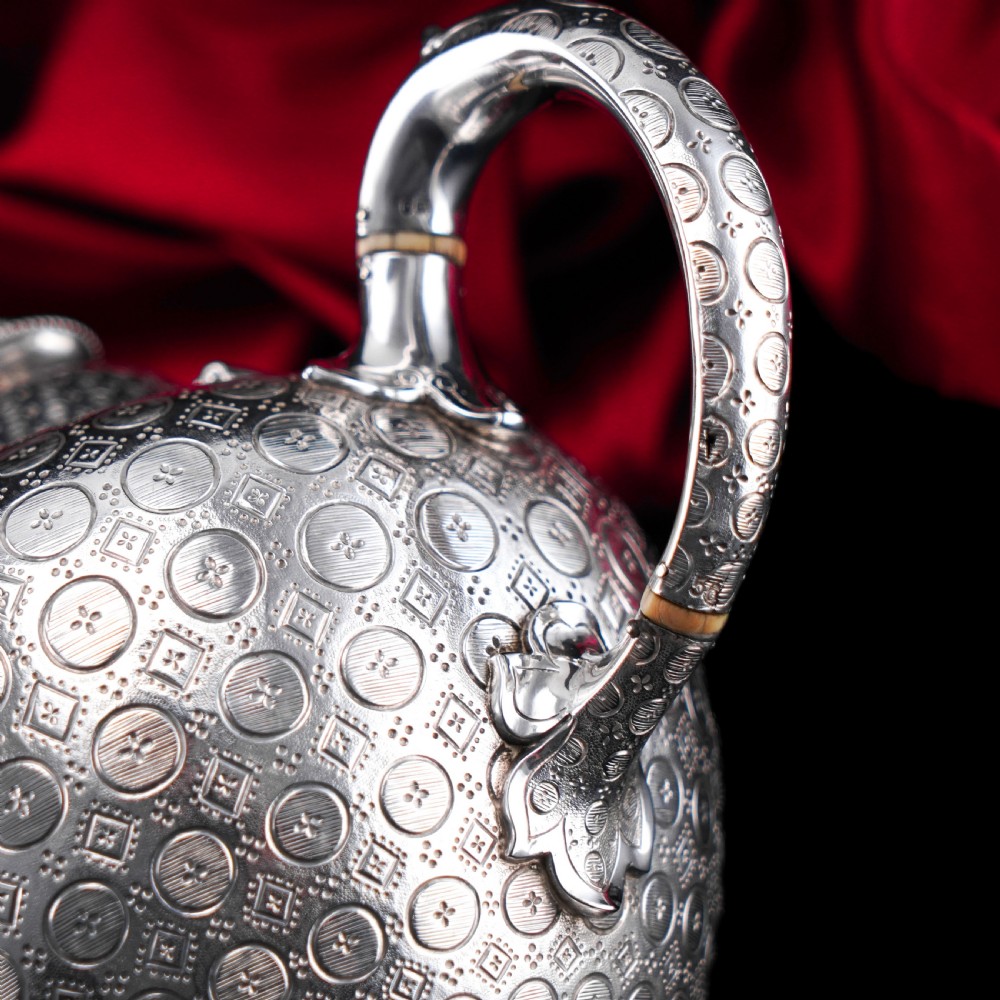 Antique Victorian Solid Silver Teapot with Rare Dotted Pattern - Barnards 1863 View XX