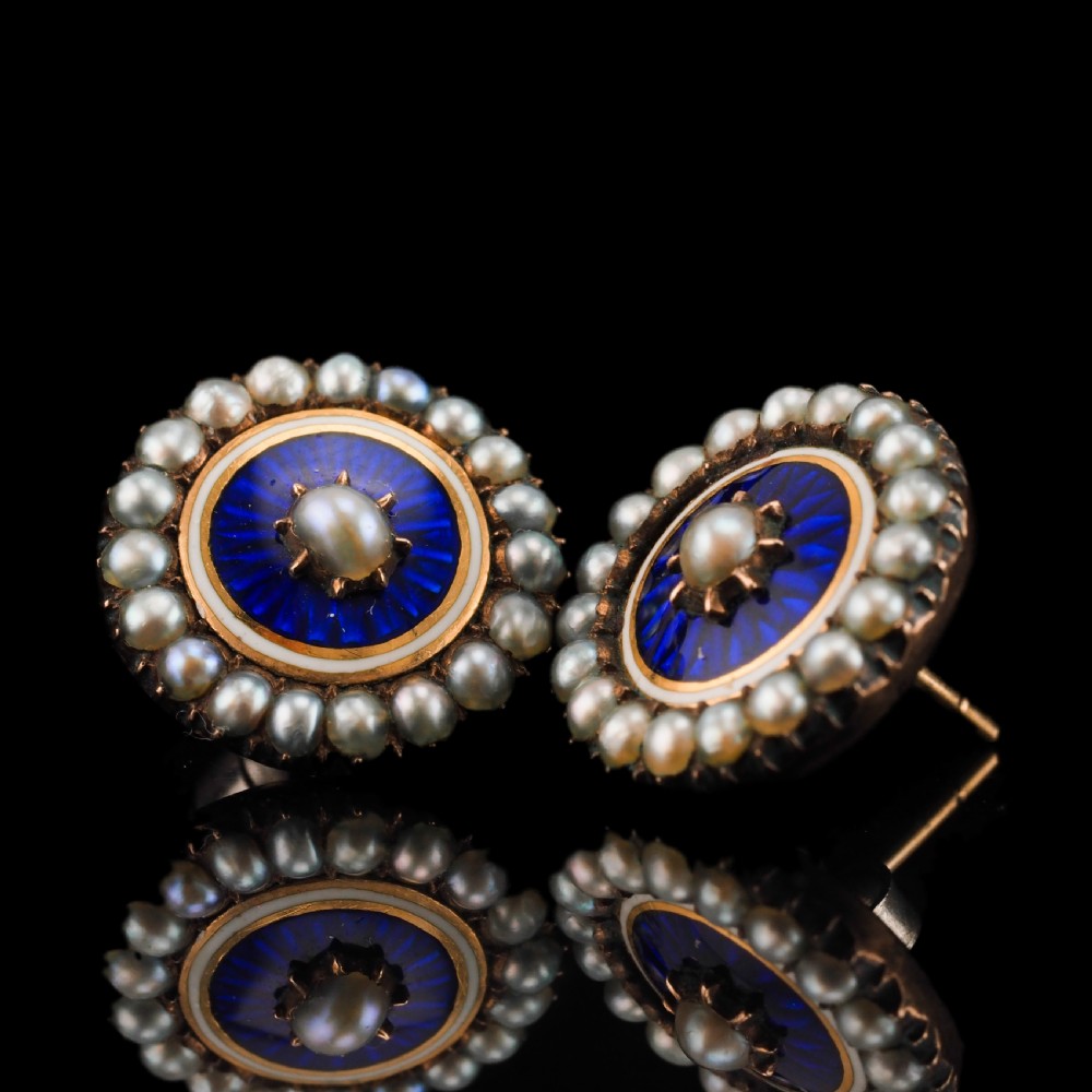 Antique Georgian Gold Earrings with Blue Enamel and Seed Pearl Cluster 'Target' Design - c.1800 View V