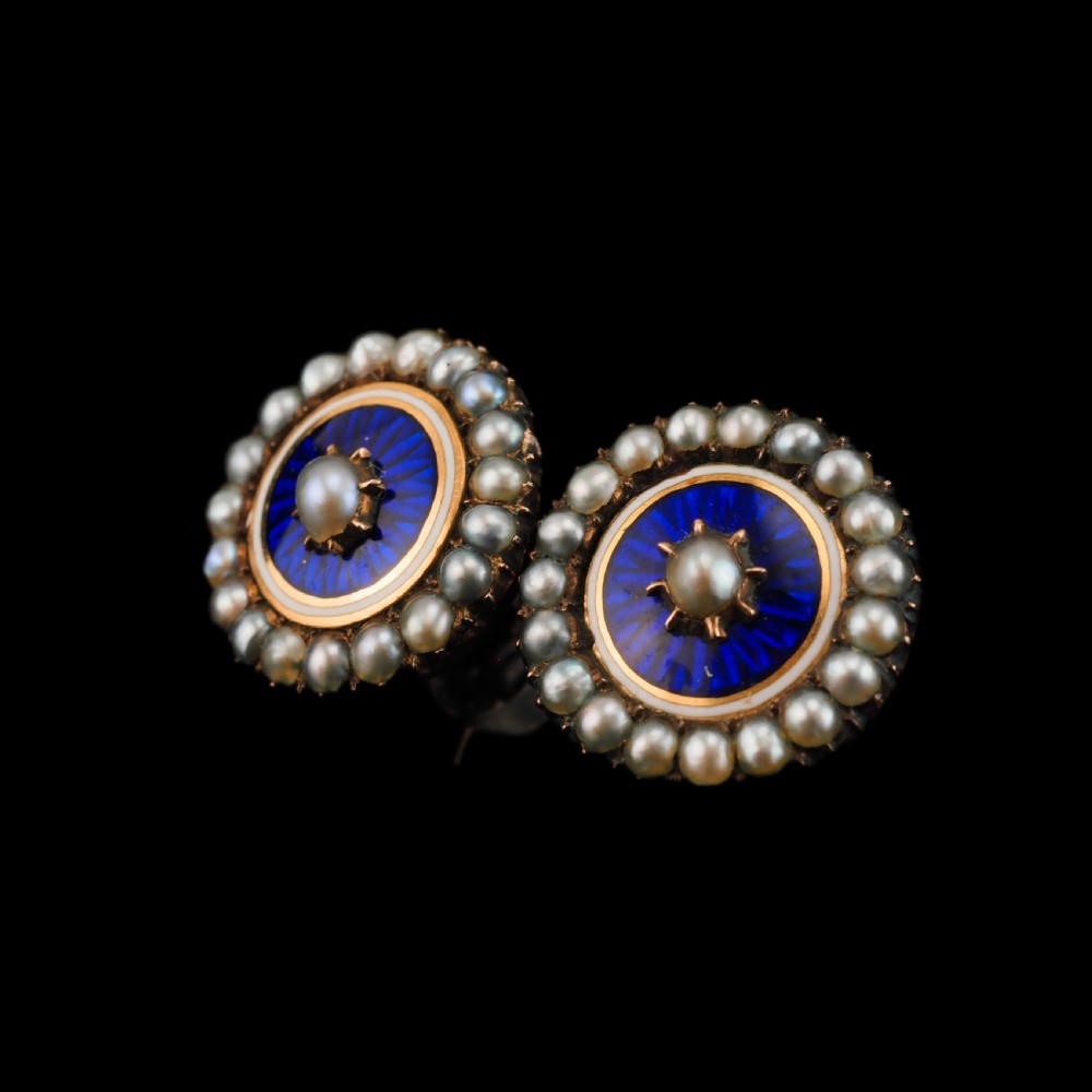 Antique Georgian Gold Earrings with Blue Enamel and Seed Pearl Cluster 'Target' Design - c.1800 View VI