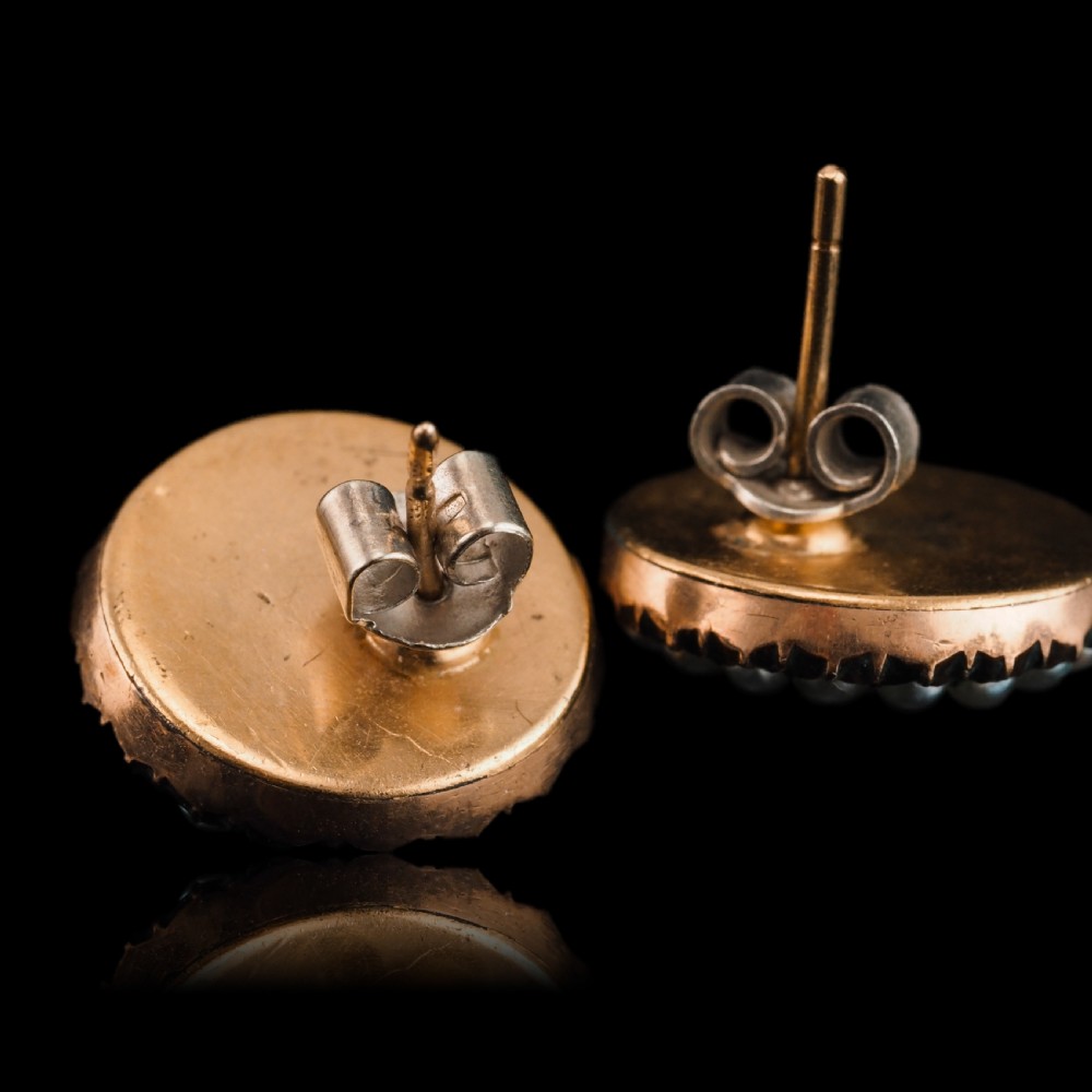Antique Georgian Gold Earrings with Blue Enamel and Seed Pearl Cluster 'Target' Design - c.1800 View VII