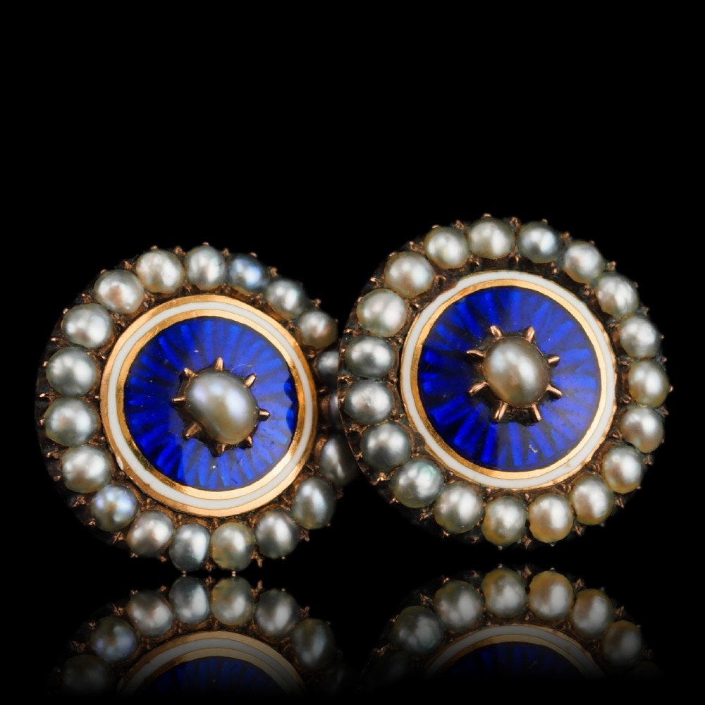 Antique Georgian Gold Earrings with Blue Enamel and Seed Pearl Cluster 'Target' Design - c.1800 View IX