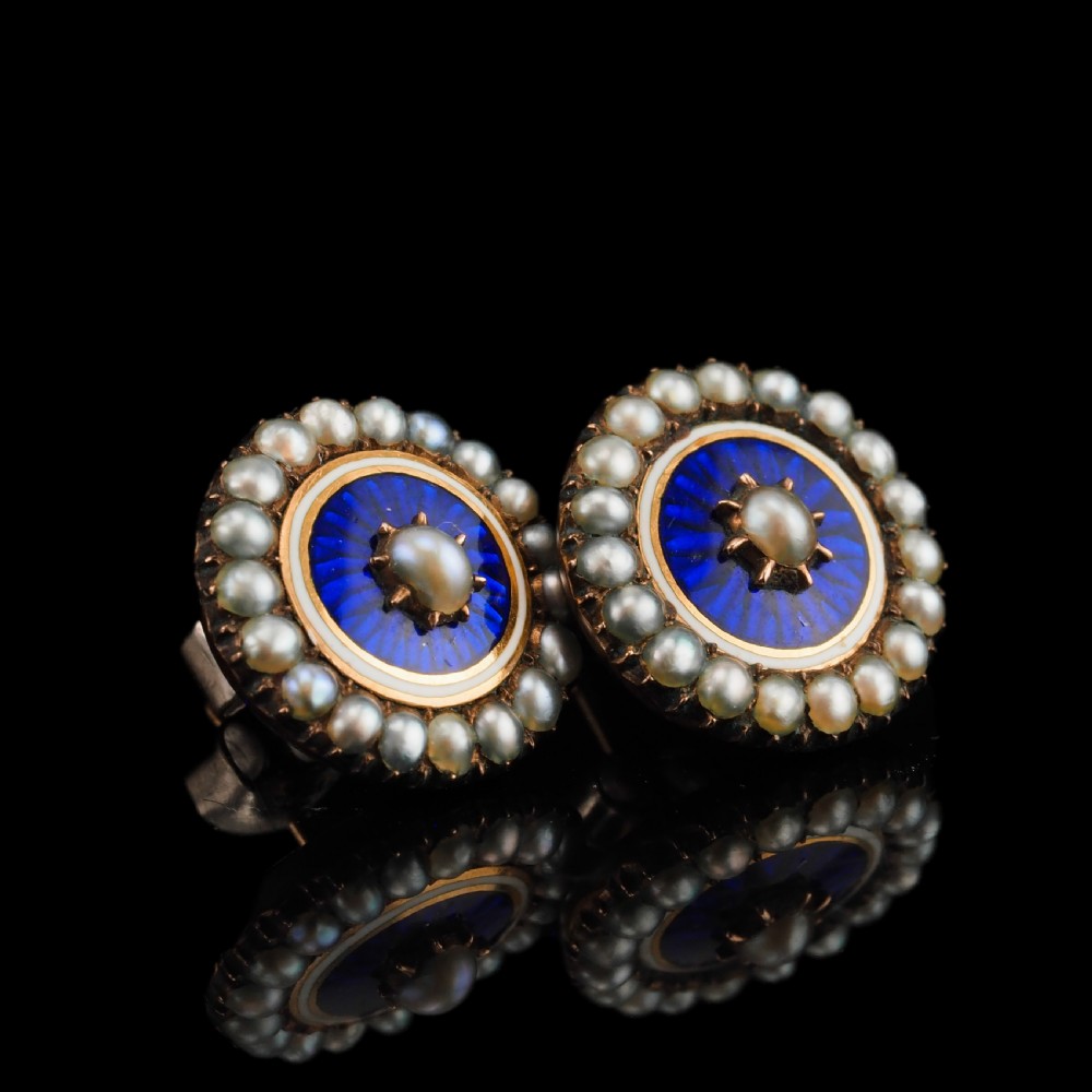 Antique Georgian Gold Earrings with Blue Enamel and Seed Pearl Cluster 'Target' Design - c.1800 View X