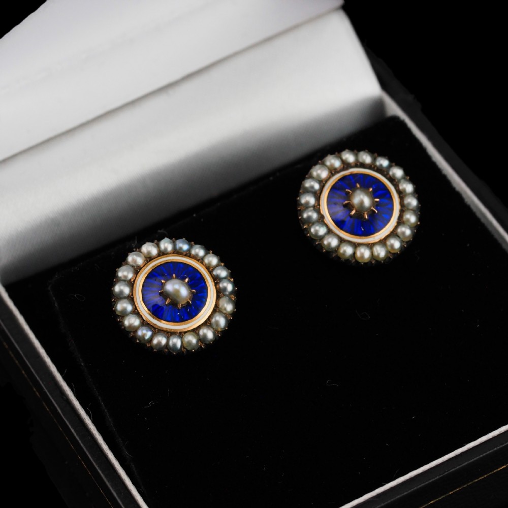 Antique Georgian Gold Earrings with Blue Enamel and Seed Pearl Cluster 'Target' Design - c.1800 View XI