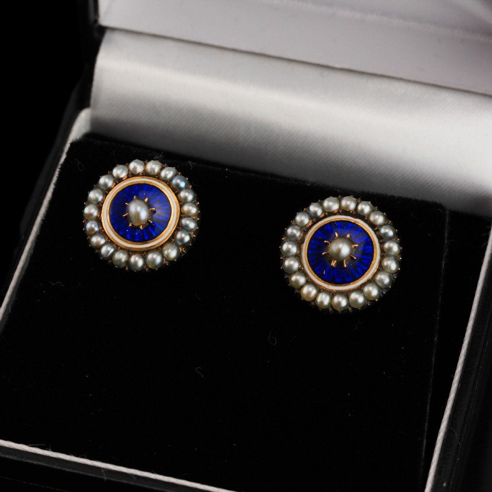 Antique Georgian Gold Earrings with Blue Enamel and Seed Pearl Cluster 'Target' Design - c.1800 View XII