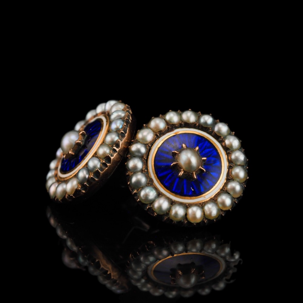 Antique Georgian Gold Earrings with Blue Enamel and Seed Pearl Cluster 'Target' Design - c.1800 View XIII