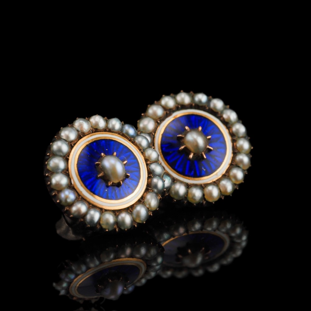 Antique Georgian Gold Earrings with Blue Enamel and Seed Pearl Cluster 'Target' Design - c.1800 View XIV