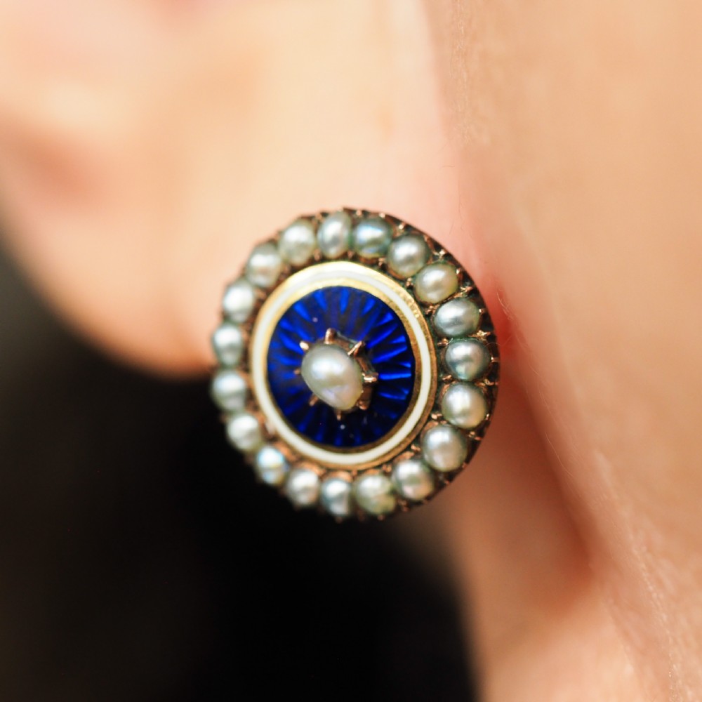 Antique Georgian Gold Earrings with Blue Enamel and Seed Pearl Cluster 'Target' Design - c.1800 View XV