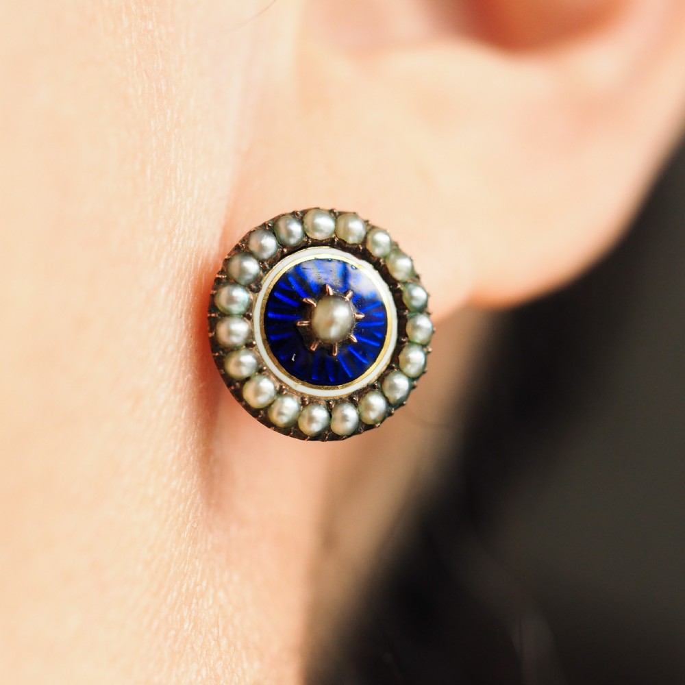 Antique Georgian Gold Earrings with Blue Enamel and Seed Pearl Cluster 'Target' Design - c.1800 View XVI