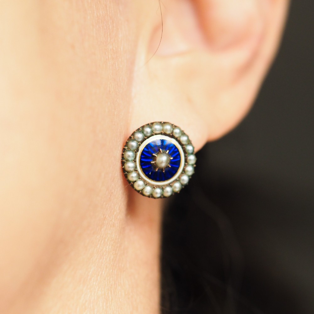 Antique Georgian Gold Earrings with Blue Enamel and Seed Pearl Cluster 'Target' Design - c.1800 View XVIII