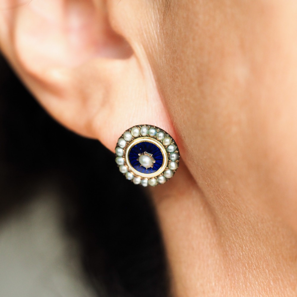 Antique Georgian Gold Earrings with Blue Enamel and Seed Pearl Cluster 'Target' Design - c.1800 View XIX